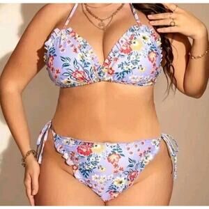 New Plus Size Bikini 2 pc Swim Wear Purple Ruffle Floral High Waist String 1X XL
